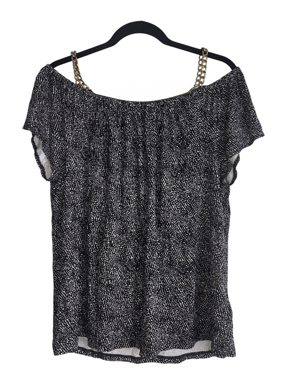 Michael Kors Black and White Off-Shoulder Blouse with Gold Chain Straps